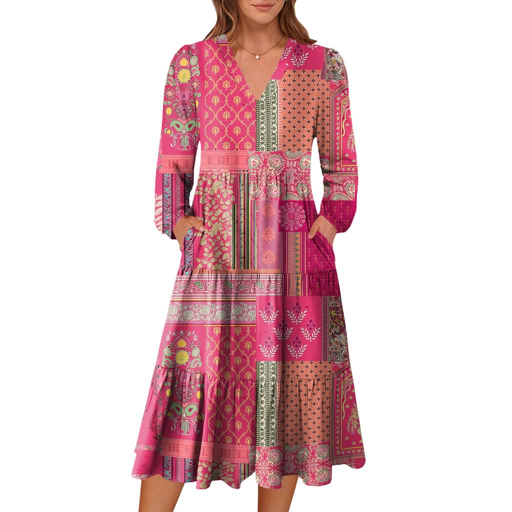 Damen V-Ausschnitt Fließendes Bohemian Langarm Blumenprint Kleid