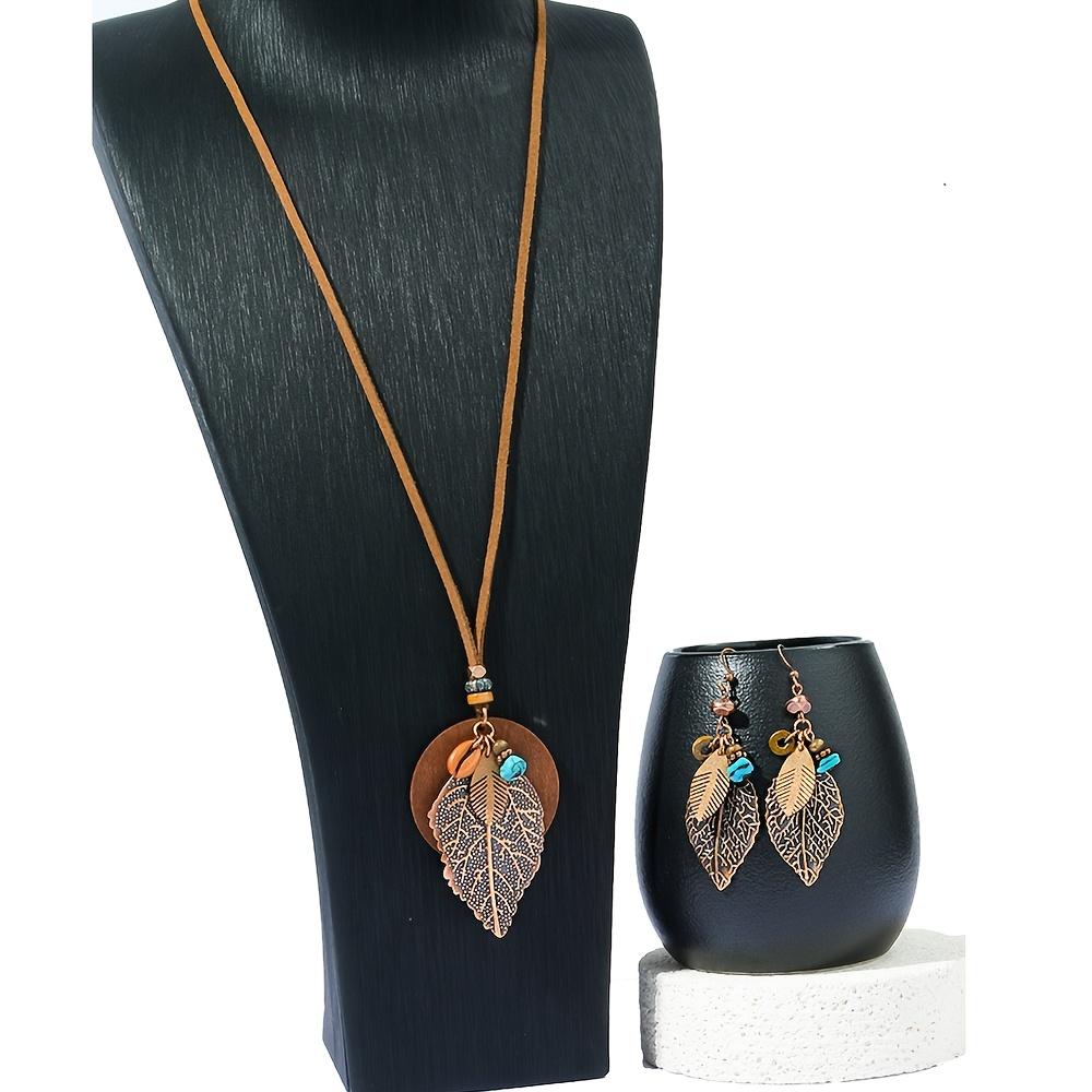 Bohemian Leaf Pendant Necklace and Earrings, Vintage Tribal Style Iron Jewelry for Women, Versatile for Daily Wear and Vacation