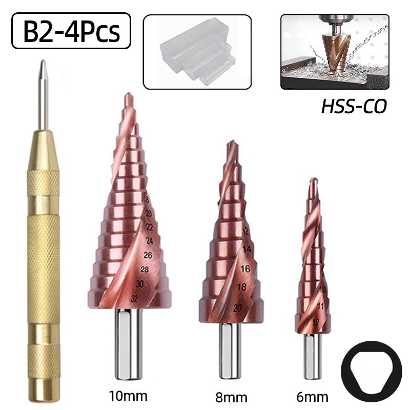 HSS-CO M35 Kobalt Stufenbohrer Spiralnut Dreieckiger Sechskantschaft Edelstahl Metall Lochschneider Konische Stufenbohrer Werkzeuge