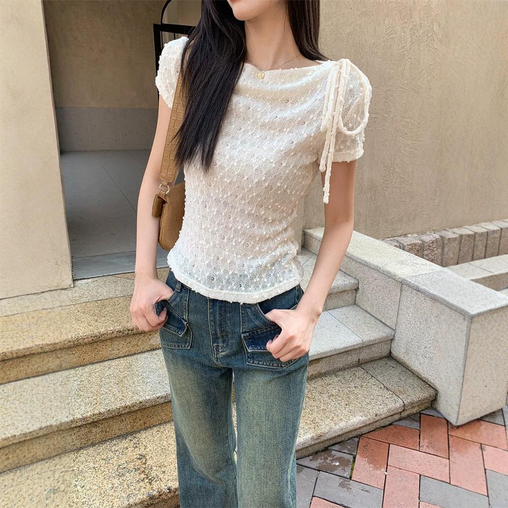 Gentle wind irregular straps short-sleeved t-shirt women's summer new unique beautiful grainy slim lace top