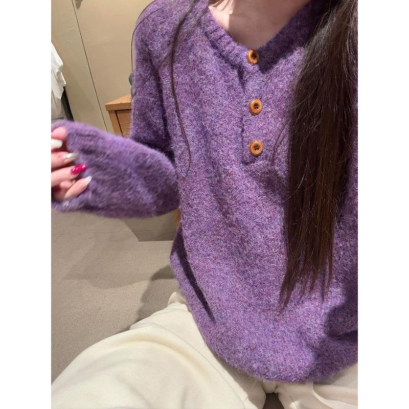 Plush button-up Henry collar knitted top women's autumn and winter temperament soft waxy shoulder sleeves loose sweater bottoming shirt