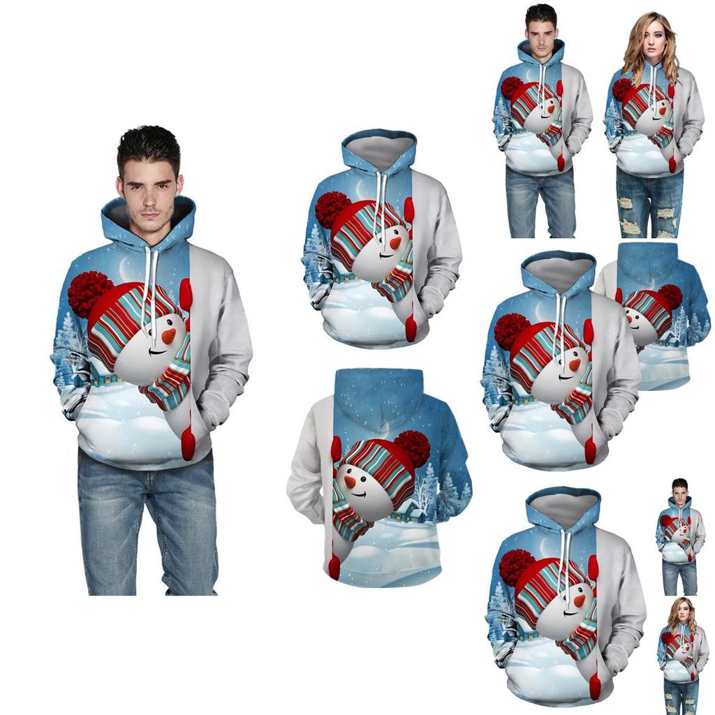 Cozy Men Xmas Hoodie Christmas Snowman Print Sweatshirt Soft Long Sleeves Top