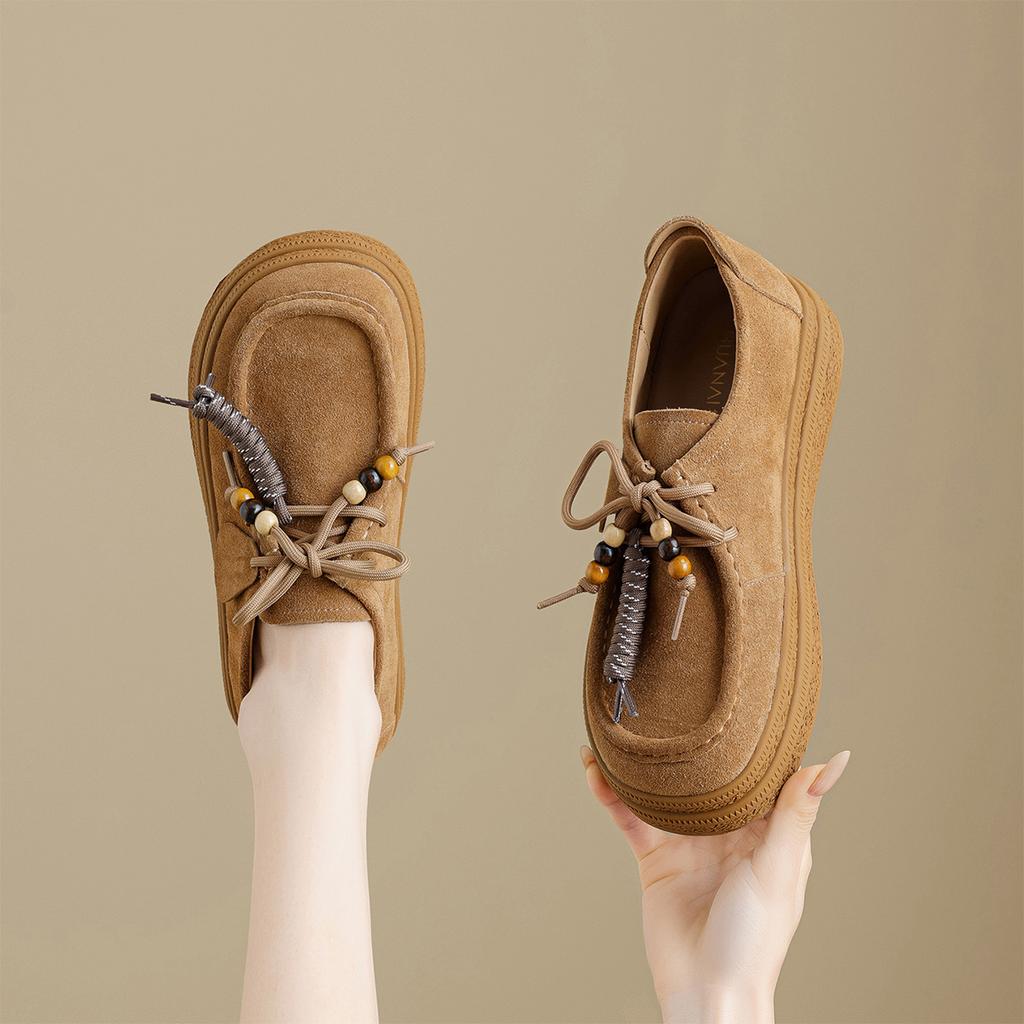 [Cow Anti Velvet] Thick soled Boken Shoes for Women 2025 Autumn New Vintage Beaded Height Increasing Casual Kangaroo Shoes