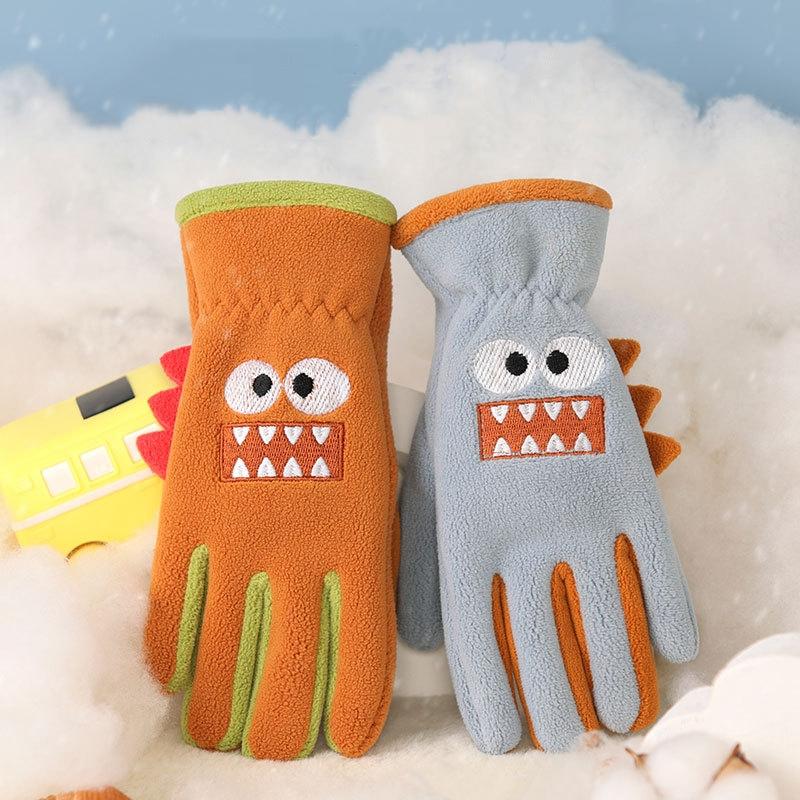 Cartoon Dinosaur Children Winter Gloves Thicken Warm Boys Girls Five Finger Gloves Kids Plush Outdoor Riding Ski Gloves