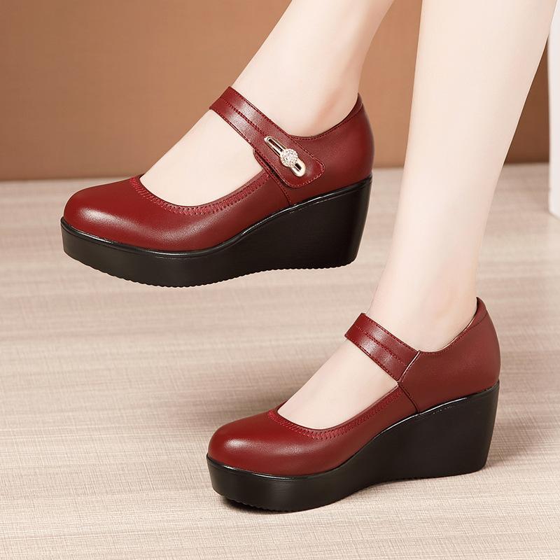 Spring Leather Shoes Women Platform Wedges Shoe High Heels Round Toe Comfortable Black Women Pumps Large Size Sde