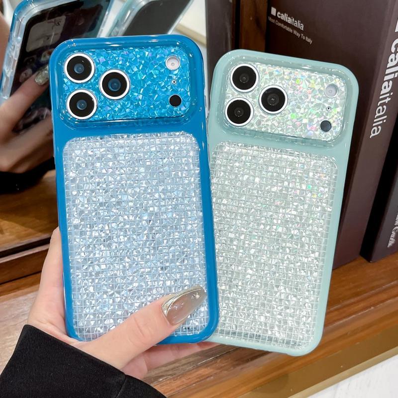 Glitter Diamond Grid Pattern Phone Case For iPhone 17 16 15 18 Pro Max Camera Protection Shockproof Anti-Fall Cover with Bracelet