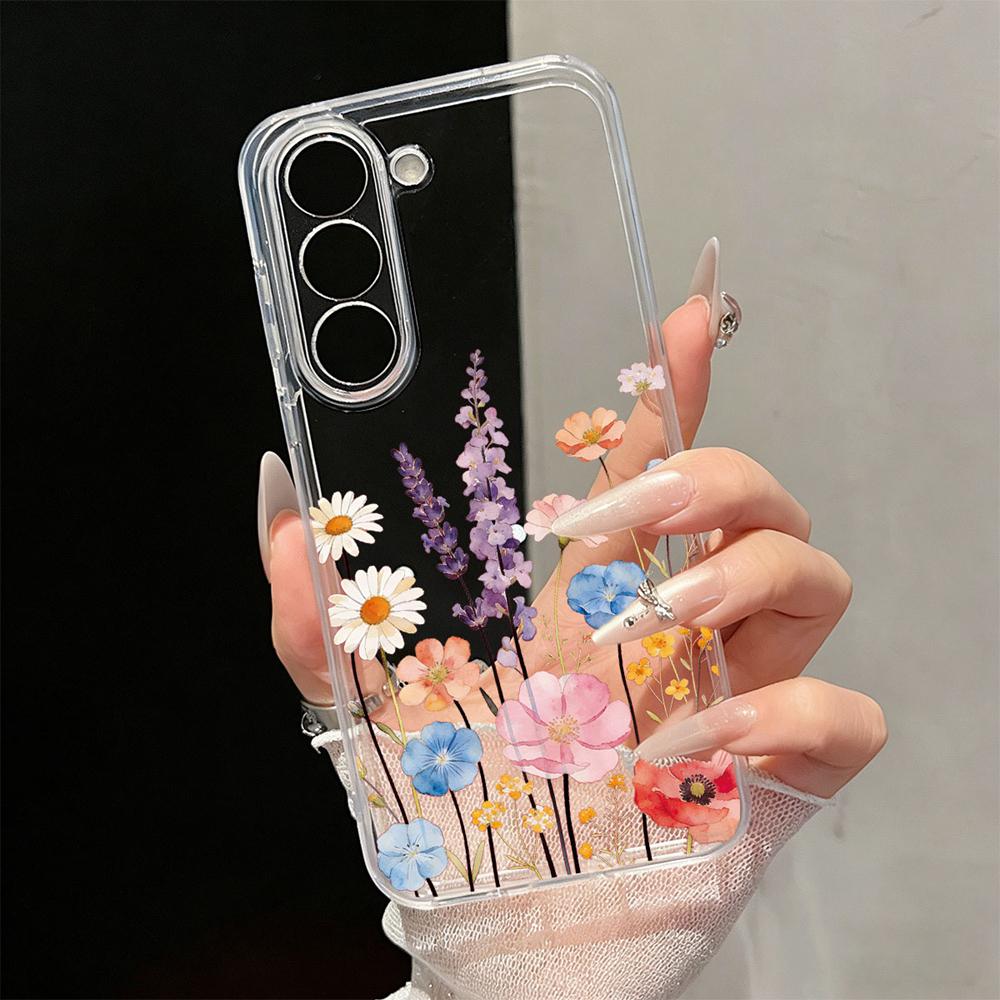 Barevný skutečný sušený květ Průhledný kryt na telefon Pro Samsung Galaxy A56 A17 A26 A36 A37 A06 A07 Průhledný měkký TPU kryt Odolný proti nárazům