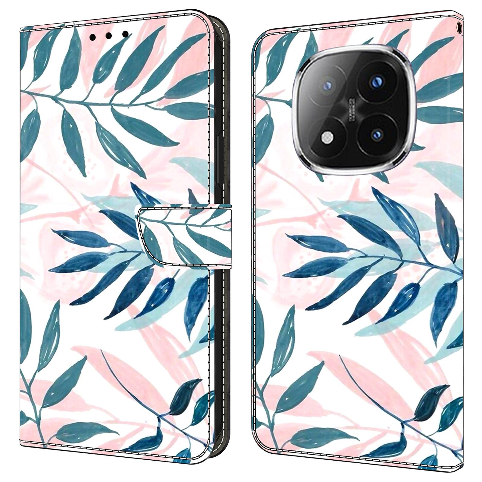 

For Xiaomi Redmi Note 14 Pro+ 5G Case Wallet Stand Pattern Printing PU Leather Flip Phone Cover Watercolor Leaves