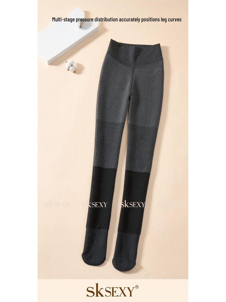 SK553 Women's Gray Slimming Fleece-Lined Stripe Pantyhose - Warm Autumn/Winter Style