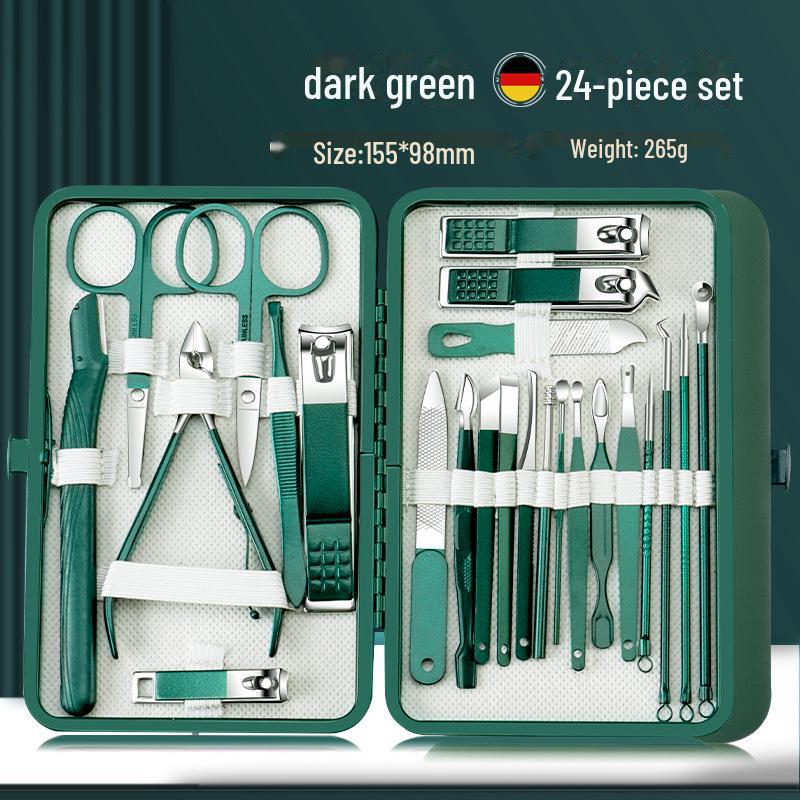 26-Piece Dark Green Stainless Steel Manicure Set: Nail Clippers, Dead Skin Remover, Scissors