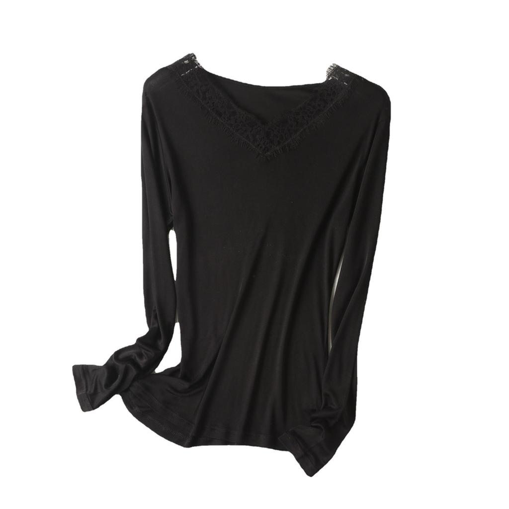 Yu Yue Women's V-Neck Silk Knit Long Sleeve Lace Trim Slim Fit Base Layer Top