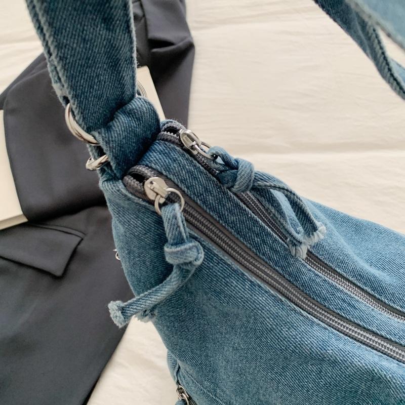 Vintage Denim Tote Bag Multi-Pocket Commuter Shoulder Crossbody Bag