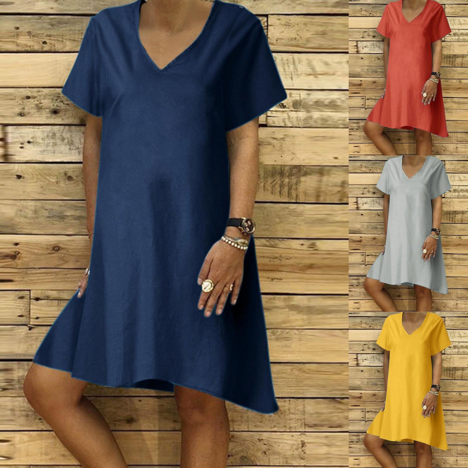 

Women s Summer Casual Fashion Solid Color Short Sleeve V-Neck Dress