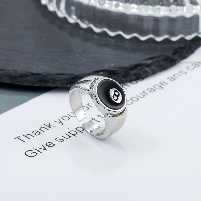 Punk Style Billiard Number Black 8 Opening Adjustable Rings Metal Alloy Rings Fashion Hip Hop Rock Jewelry For Women And Men