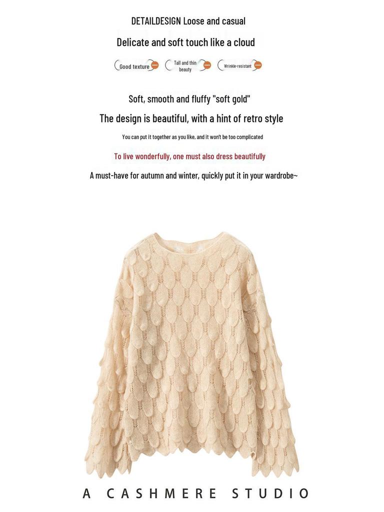 Women's High-End French Cashmere Sweater: Hollowed-Out, Round Neck, Bell Sleeves, 2024 Trend