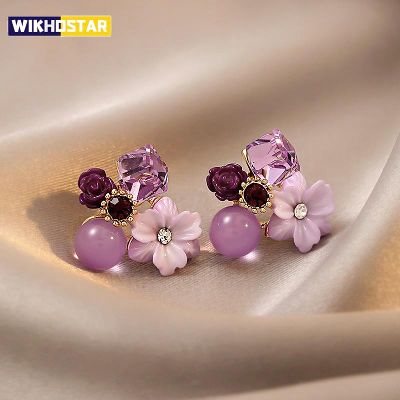 Purple Crystal Flower Stud Earrings For Woman  Korean Fashion Jewelry Wedding Party Girl Elegance Set Accessories