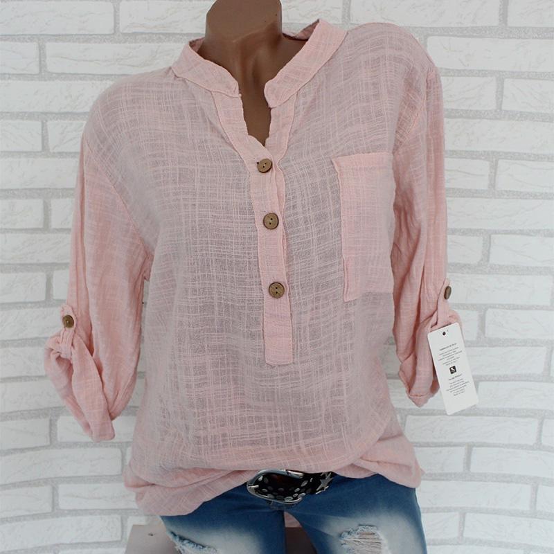 Women Blouses Cotton Linen Blouse Shirts Casual Long Sleeve Neck Loose Shirt Lady Tops