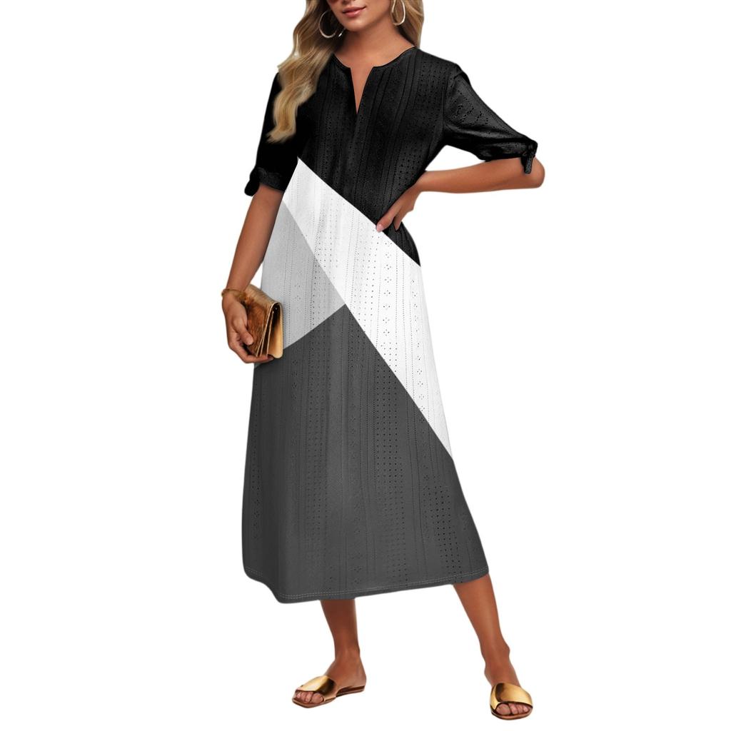 Ladies Casual Fashion Temperament Elegant Waist Patchwork Print Long Dress