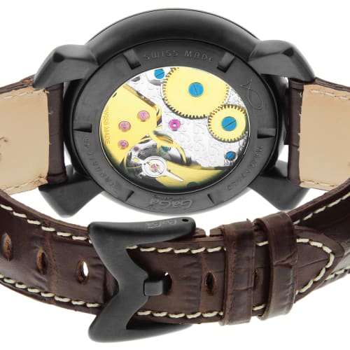 GAGA MILANO Manuale Watch, Brown Dial, Stainless Steel (BKPVD) Case, Skeleton Back, Swiss Made, 501204S-BRW, Men's