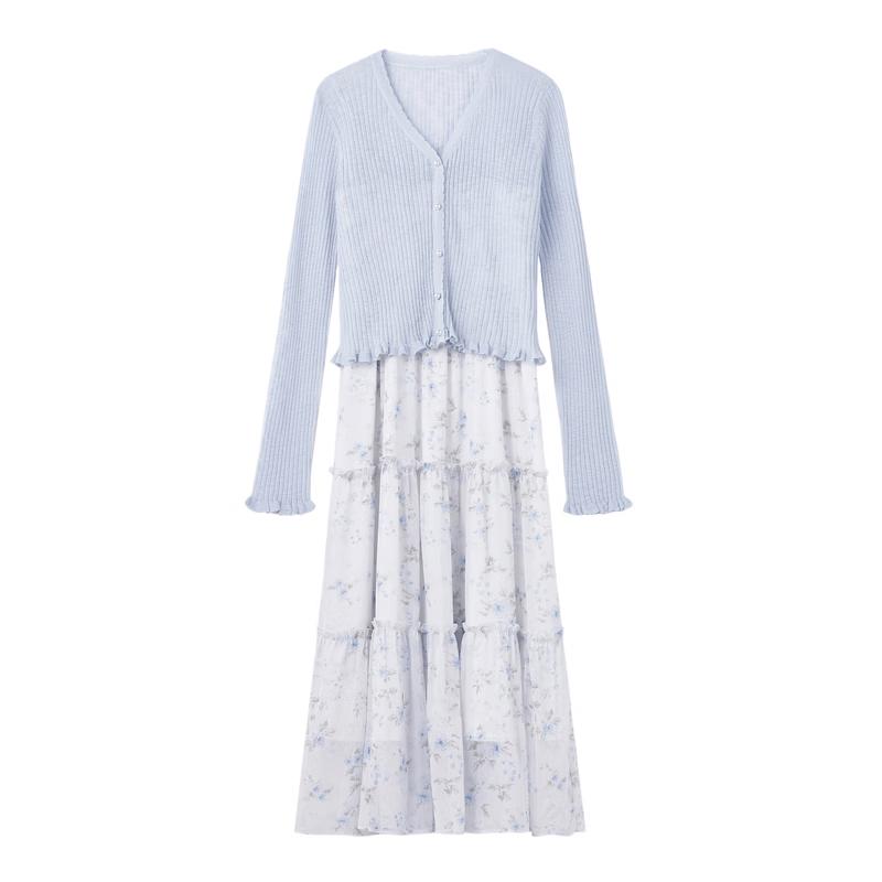 Autumn Water Yiren Elegant Ruffle Cardigan Sling Dress Set