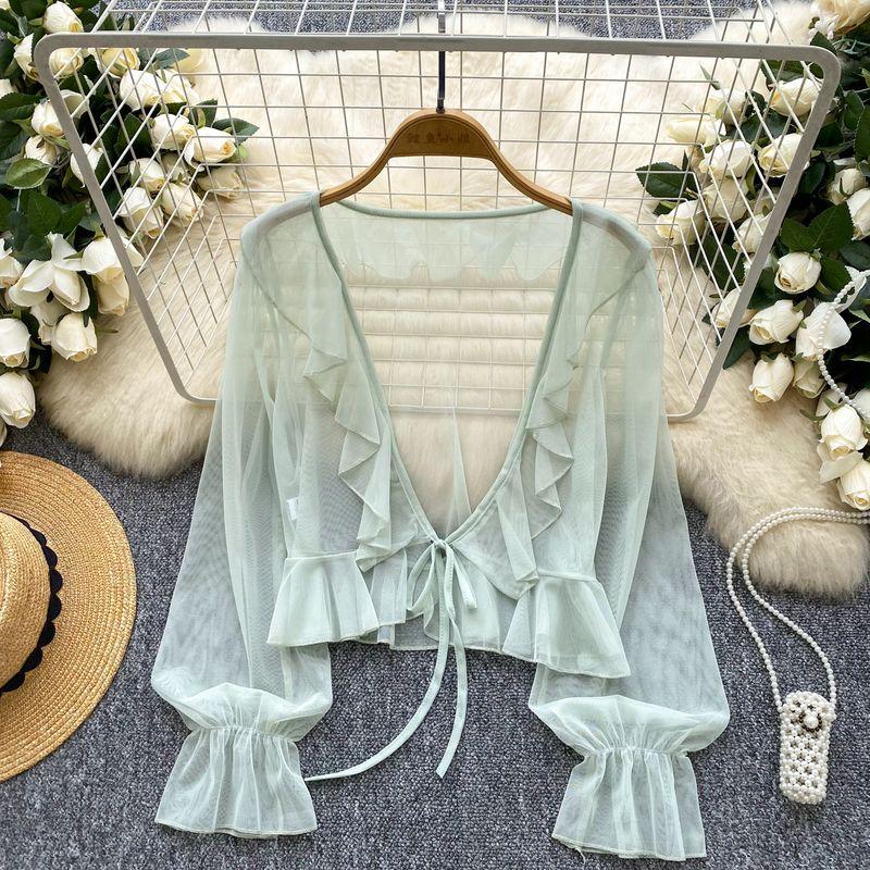 

Sweet Outdoor Thin See-through Lace-up Wooden Ear Bell Sleeve Sun Protection Shirt Women Summer Gentle Style All-Match Chiffon Shirt Green All yards
