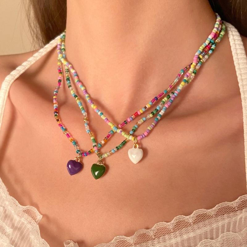 Colorful Beaded Necklaces Women Adjustable Heart Shapes Pendant Neckchains Bohemian Choker Colorful Accessory for Party