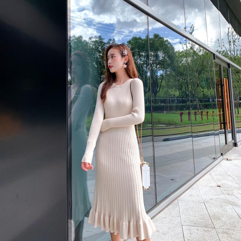 Long Sleeve Sweater Dress Women Maxi Dress Knit Fishtail Long Winter Knitted Dresses Clothes Ruffelss Women Clothing