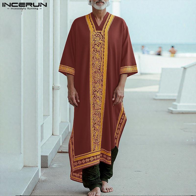 INCERUN Men Deep V Neck 3/4 Sleeve Floral Print Casual Loose Long Robes Tunic Tops