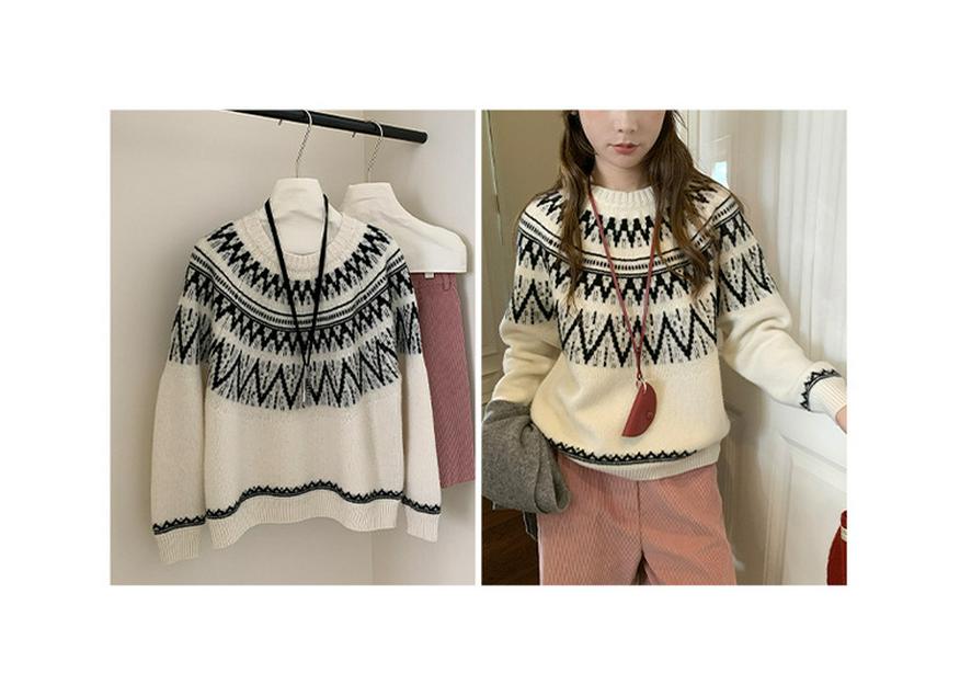 Women's Heavyweight Pure Wool Fair Isle Sweater - Retro, Soft, and Loose Fit for Autumn & Winter