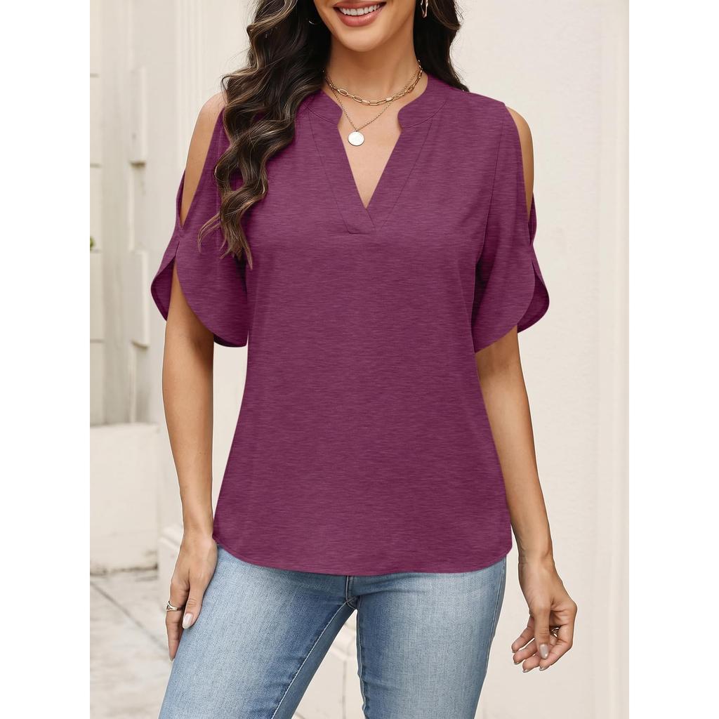 Womens Cold Shoulder V Neck T Shirt Short Sleeve Casual Loose Fit Top Summer Lightweight Blouse