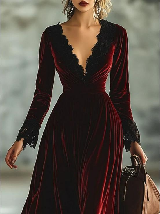 Retro V-Neck Lace Splice Long Sleeve Dress