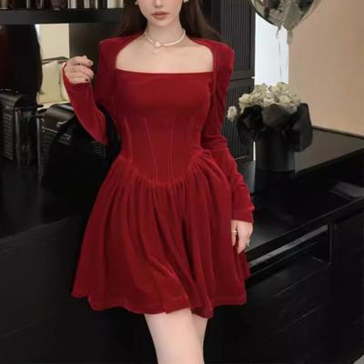 Women Dress Square Neck Pleated A-line Long Sleeves Pleated Slim Waist Velvet Mini Dress Prom Banquet Party Short Dress Fall Spring Princess Dress