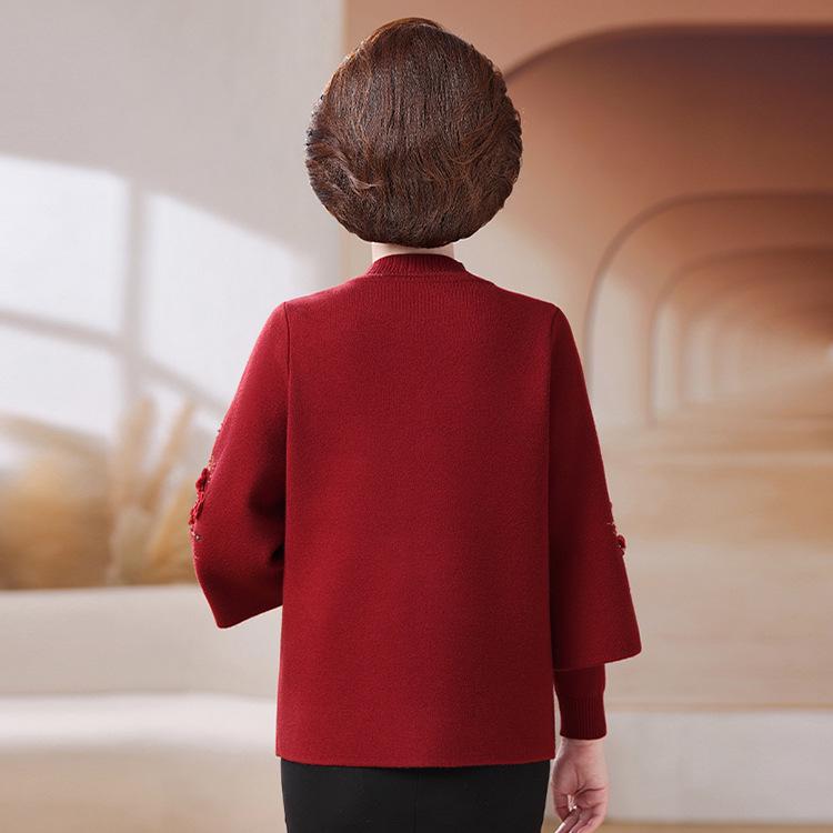 Elegant Autumn/Winter Knit Cardigan for Middle-aged and Elderly Women - Embroidered Stylish Sweater