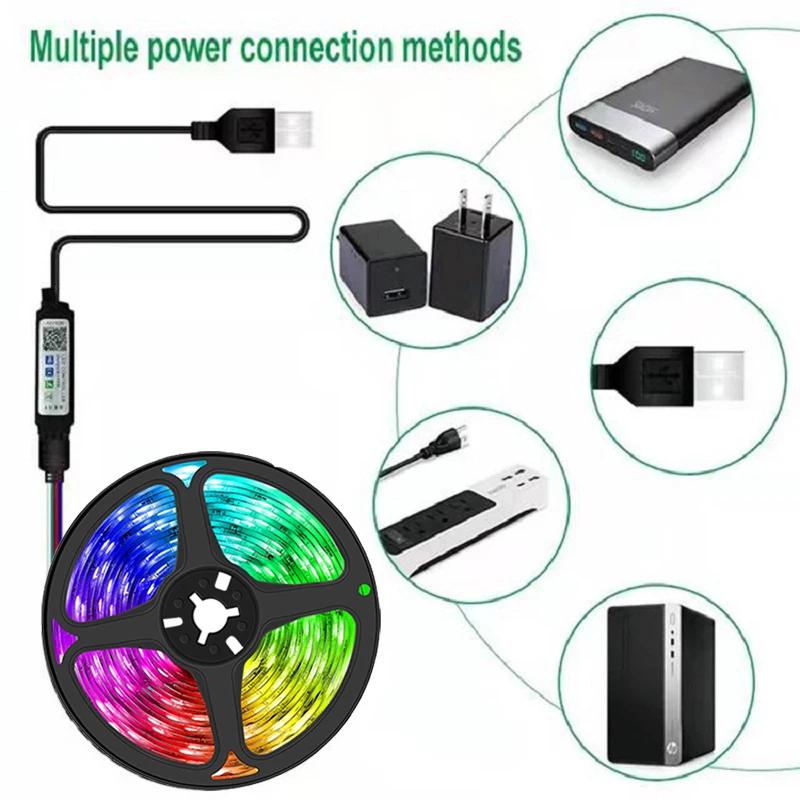 

USB светодиодная лента с управлением через приложение, меняющая цвет, RGB гибкая световая лента, декор для комнаты, подсветка телевизора, Bluetooth, светодиодная праздничная вечеринка US&5m