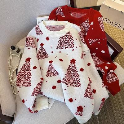 Sweater Women's Christmas Red New Round Neck Color Matching Jacquard Knitted Sweater To Keep Warm