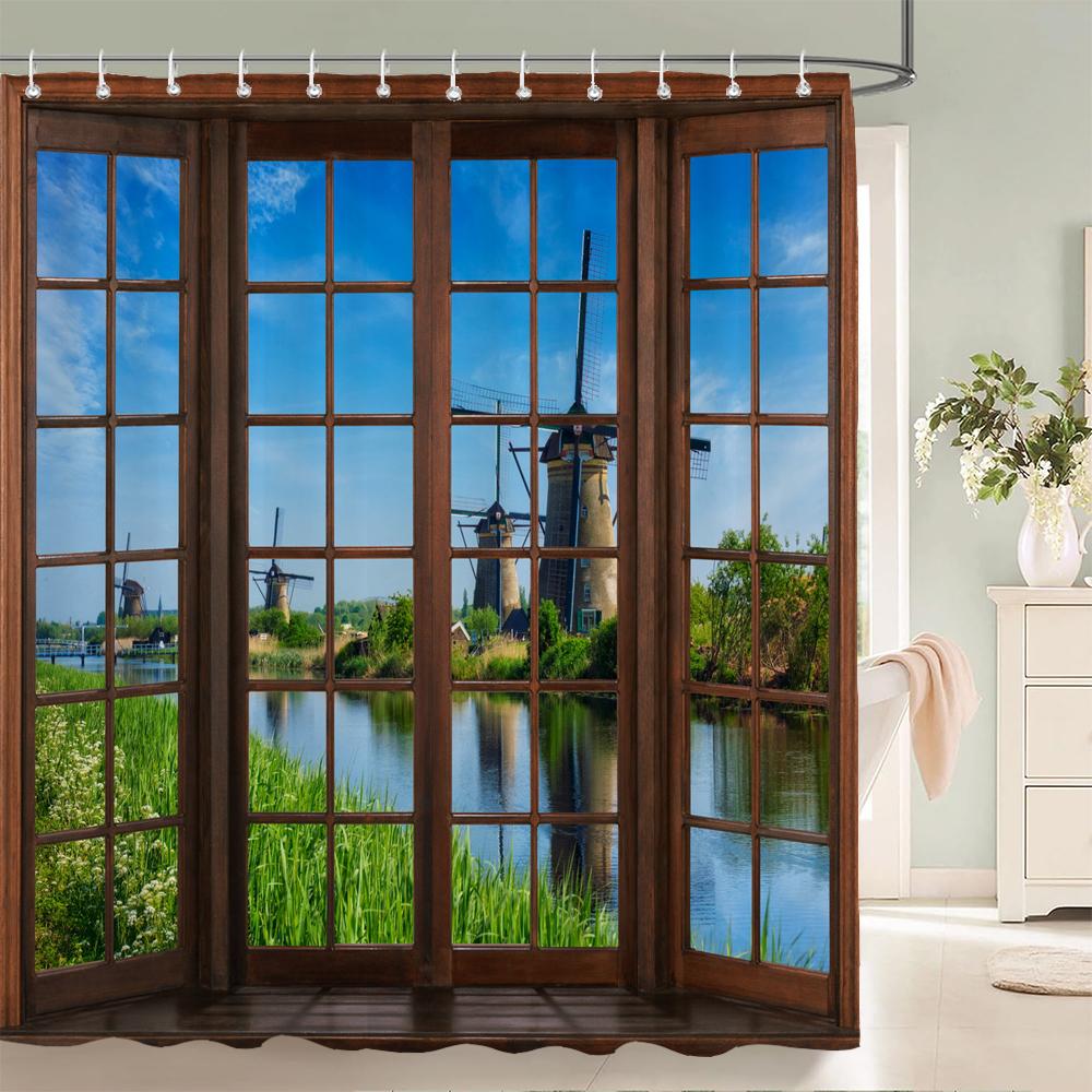 All Kinds Of 3D Scenery Windows Shower Curtains Home Decoration Curtains With Hooks Can Be Washed Waterproof Fabric 240X180Cm
