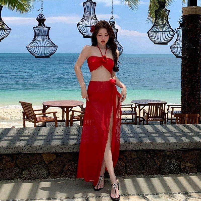 Bikini Swimsuit Feminine Split Red Three-piece Beach Play