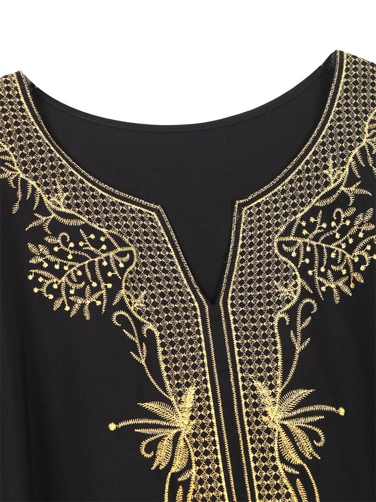 EDOLYNSA Solid Color Vintage Embroidered Bat Sleeve Kaftan Tunic Casual V-neck Side Split Beach Maxi Dress Summer Women Beachwear Swimsuit Cover Up