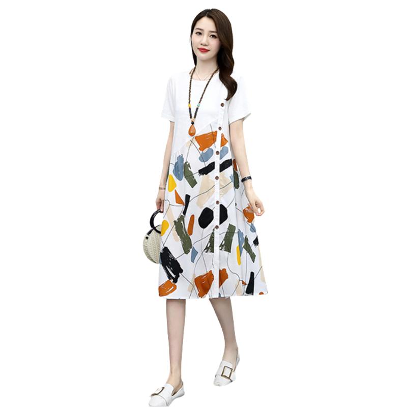 

Полиэстер Летнее Женское Платье Большого Размера Приталенное и Художественное Хлопково-Льняное с Принтом 2XL белый