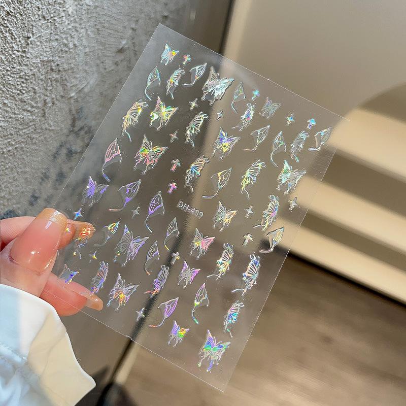 1PCS Black White Butterfly Laser Nail Stickers Nail Art Decoration Abstract Lines Bronzing Flowers Stickers For Nails
