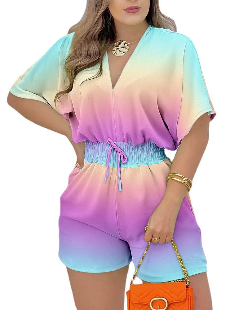2024 Summer European & American Women's V-Neck Tie Short Sleeve Jumpsuit