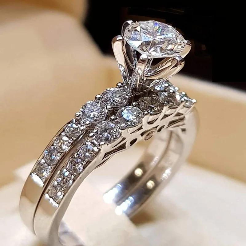 2 PCS/Set Series ! Trendy Milangirl White Crystal Round Ring Set For Women Girls Wedding Engagement Party Fashion