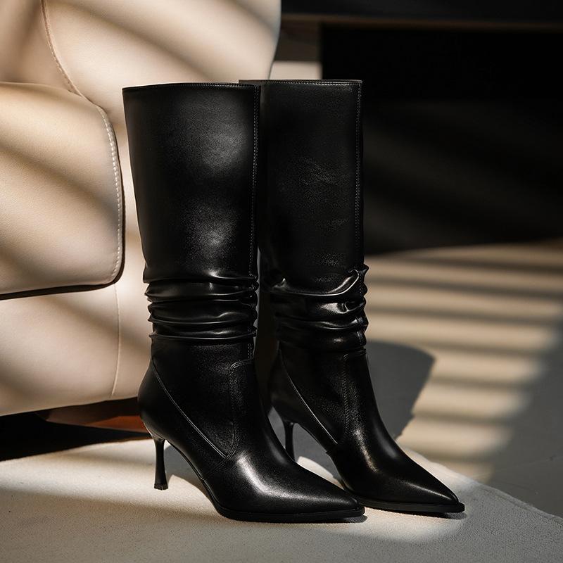 

Spice Girls Sexy Thin Heel Pointed Pile Boots Women s Big Tube Skinny High Heel Boots Pleated 39 чорний