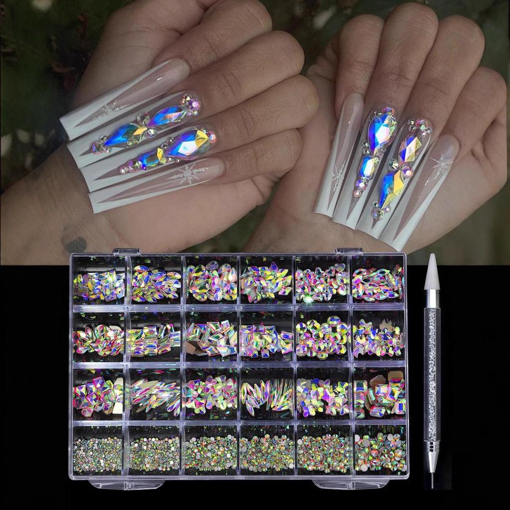 Iridescent Nail Art Rhinestone Set: 24 Grids of Mixed Super Sparkle Flat-Back Rhinestones in Special Shapes with Box Packaging.