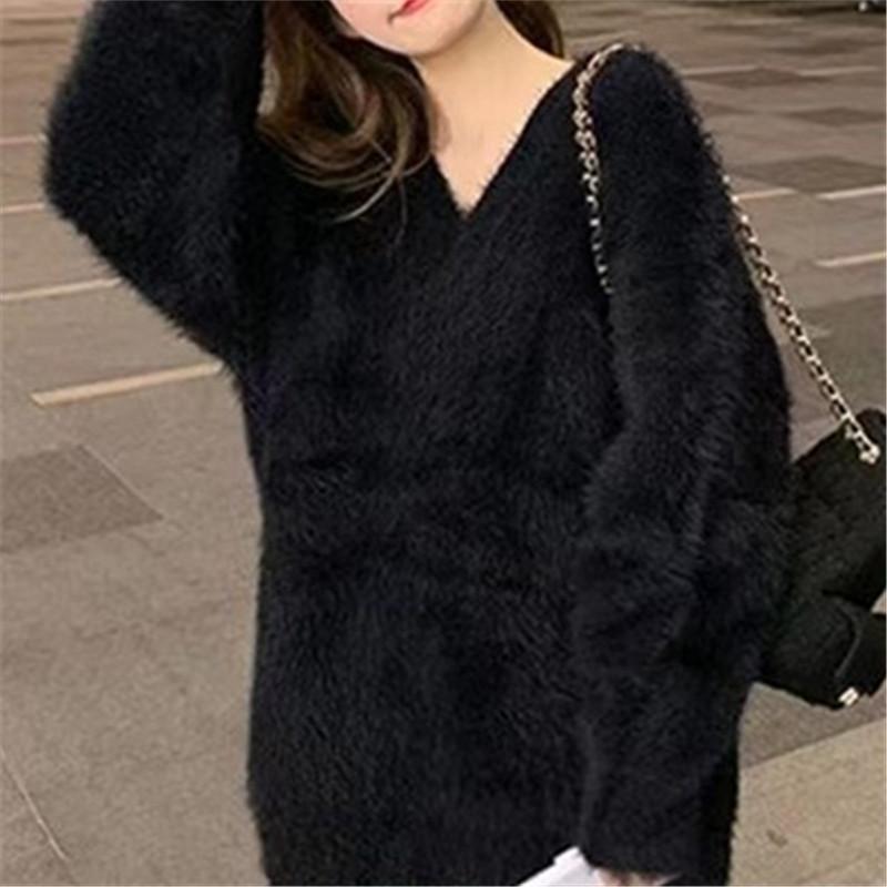 Autumn and winter imitation mink V-neck solid color sweater women's loose and thin bottoming shirt solid color long-sleeved knitted sweater