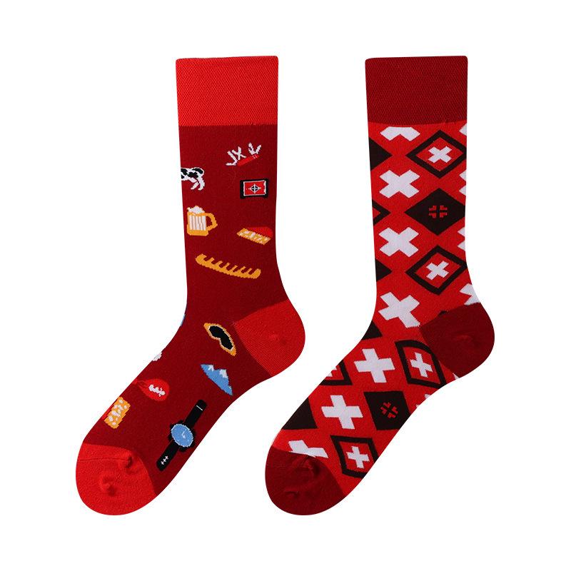 Unisex A/B Style Asymmetrical Cartoon Mid-Calf Cotton Socks
