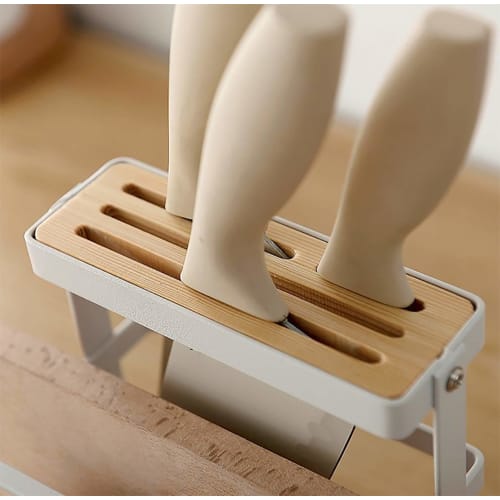 VANRA? Cutting Board Stand, Knife Stand, Iron, Holds Drainer, Cutting Board, Pot Lid, and Wooden Knife Holder (White, with Tray)