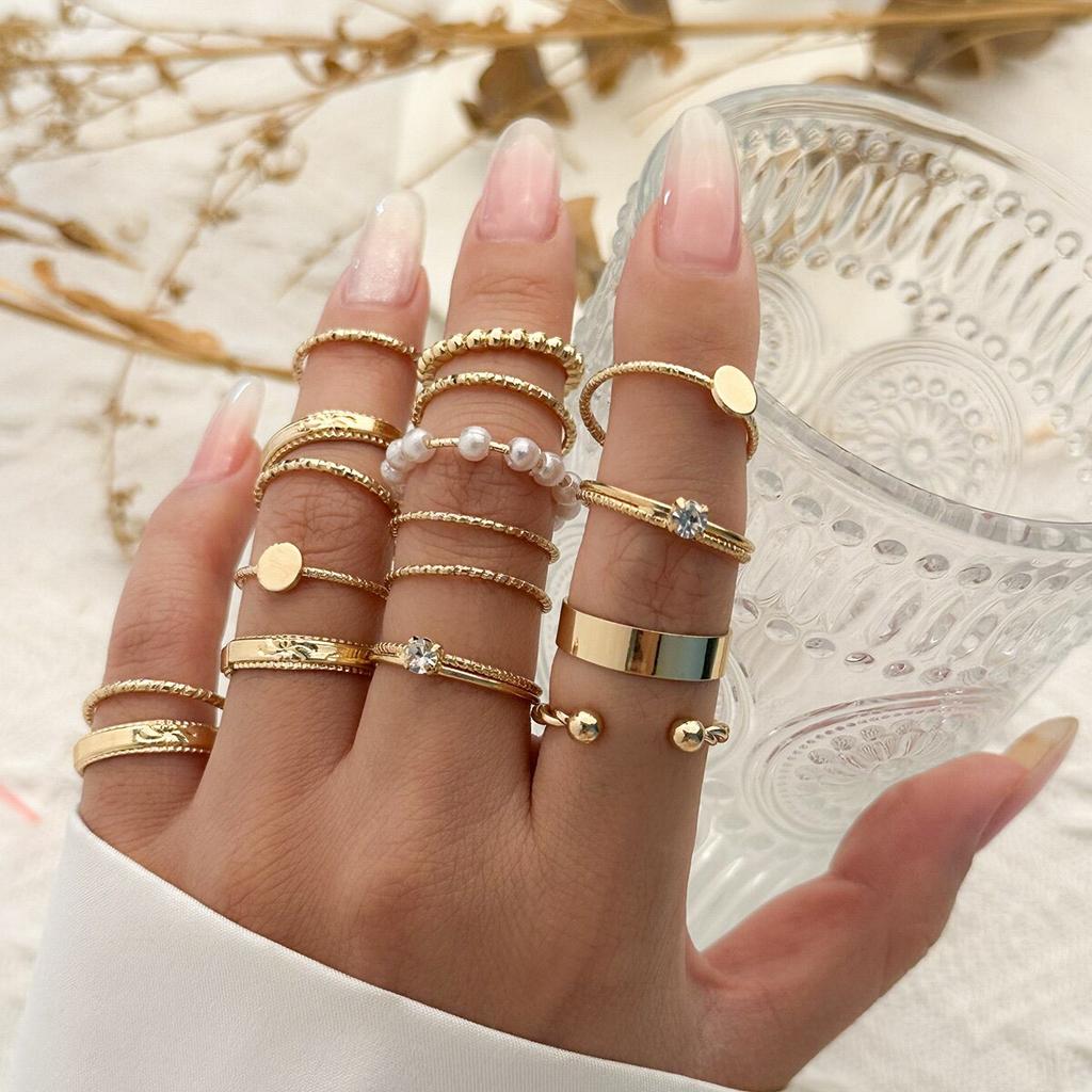 16Pcs/Set Vintage Gold Color Zircon Rhinestone Rings Set for Women Wed Bridal Boho Geometric Rings Jewelry Gift Y2K Accessories