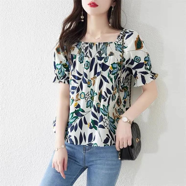Women's Summer Short Loose Square Neck Chiffon Shirt Short Sleeve Commuter Floral Blouse