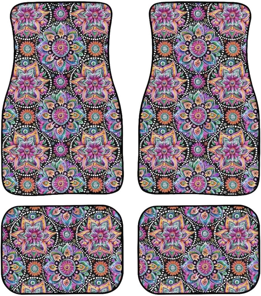 Universal Fit Auto Carpet Floor Mats Set of 4 for Women Girls Decorative Boho Floral Print Car Floor Mats Front & Rear Liners Set